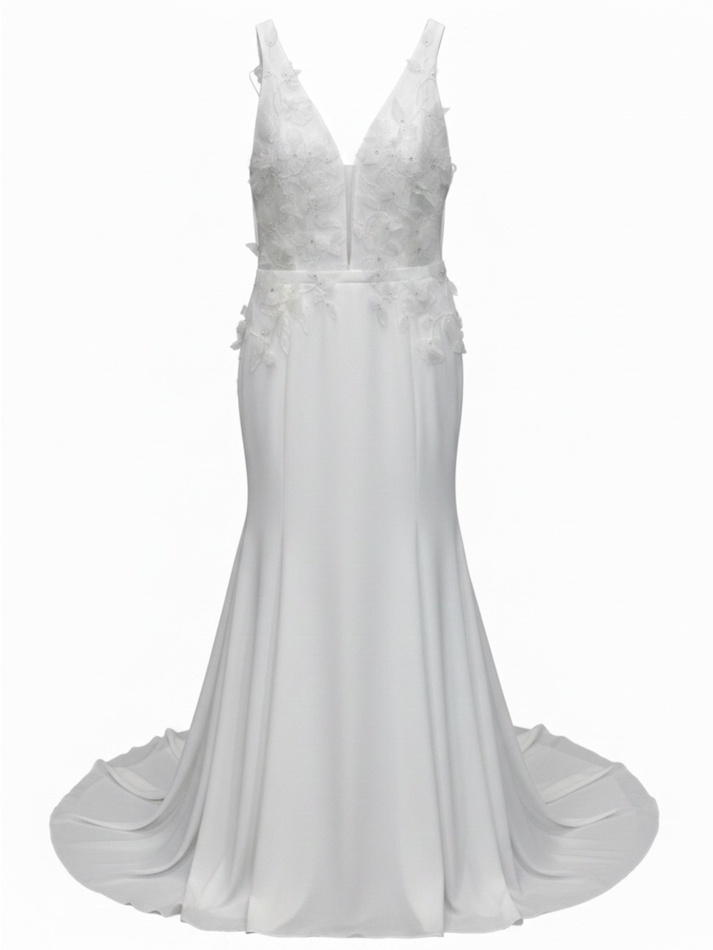 Rime Arodanky Elegant White V-Neck Wedding Dress with Floral Appliqué Size 8
